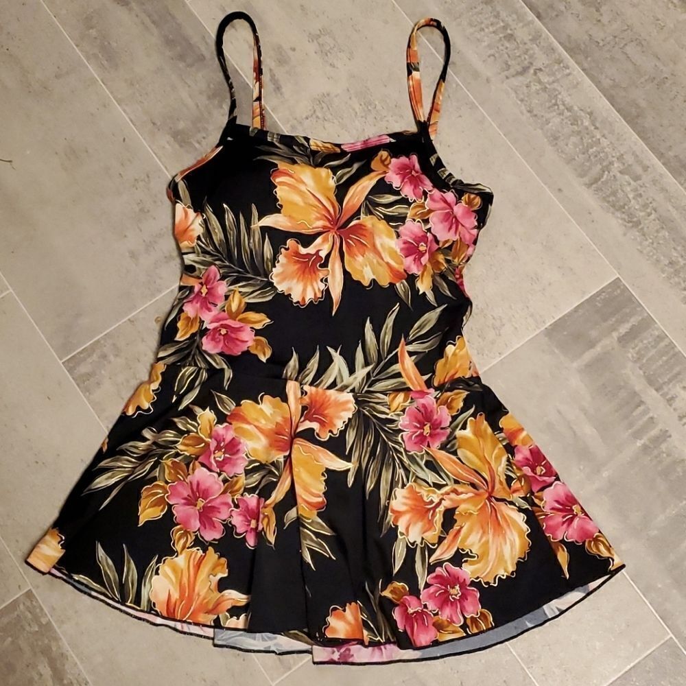EUC Islander Tropical Black Ruffle Swimsuit